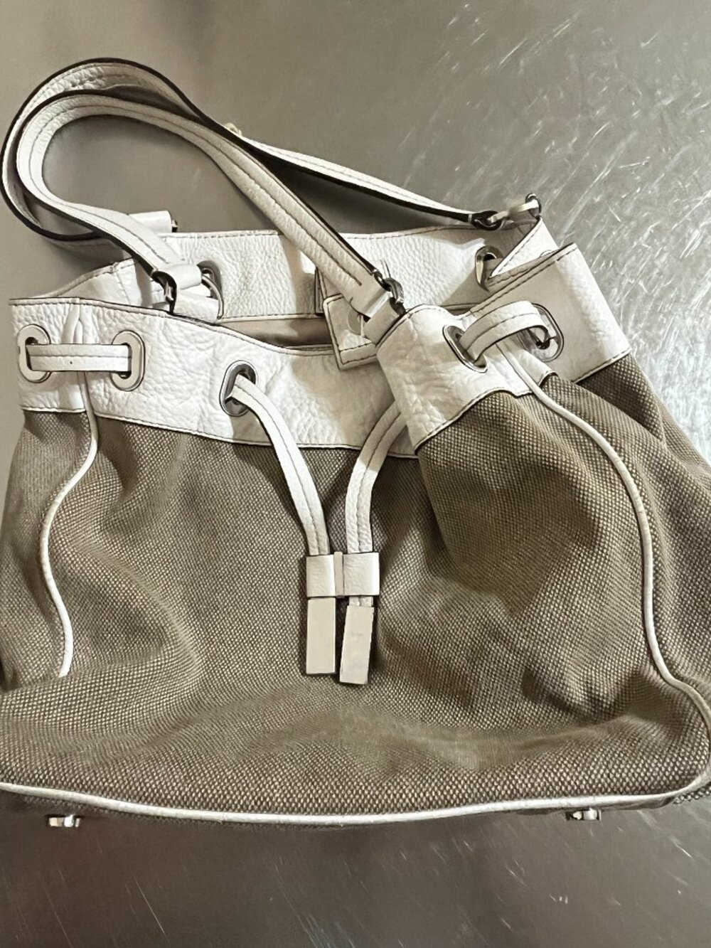 MICHAEL KORS Tan & White Marina Canvas Drawstring Bucket Bag